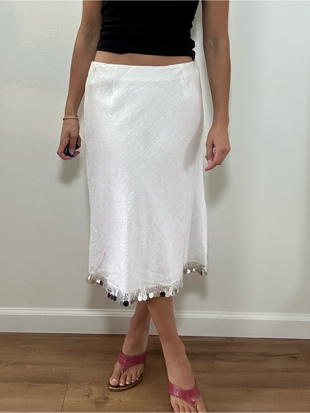 Richard Malcolm Irish Linen White Midi Skirt with Silver Sequin Trim Size 10 - Picture 6 of 14